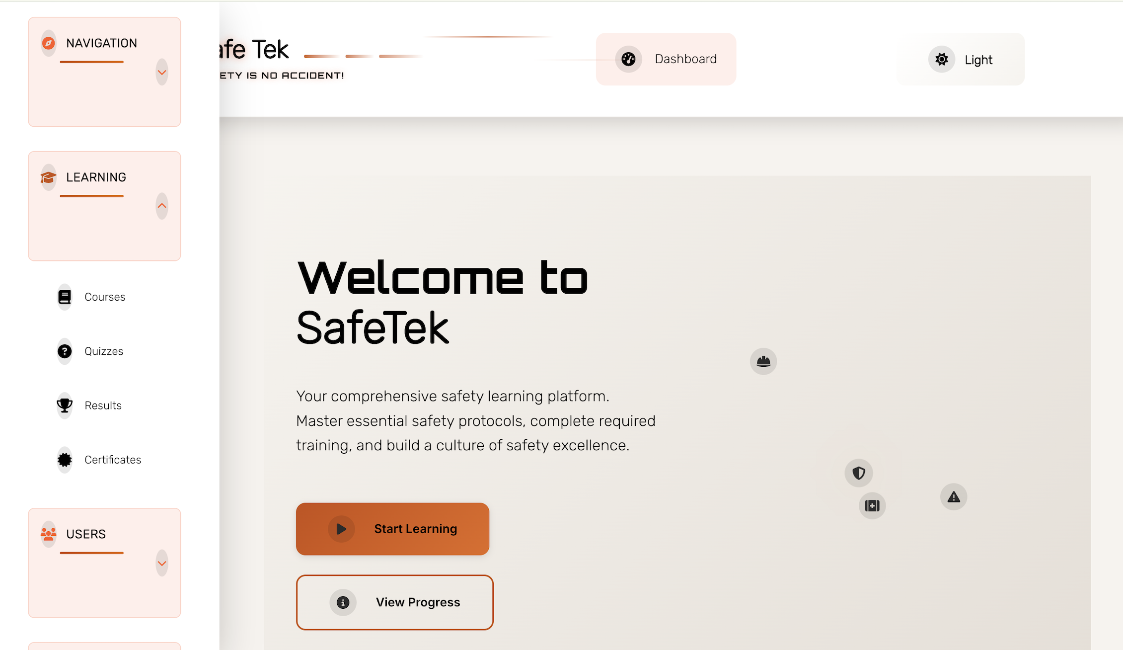 SafeTech dashboard (light mode)